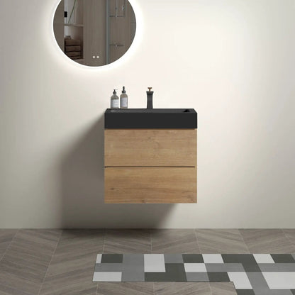 Alice natural oak floating bathroom vanity with one-piece black sink and storage drawers on Tampa Home & Garden Store