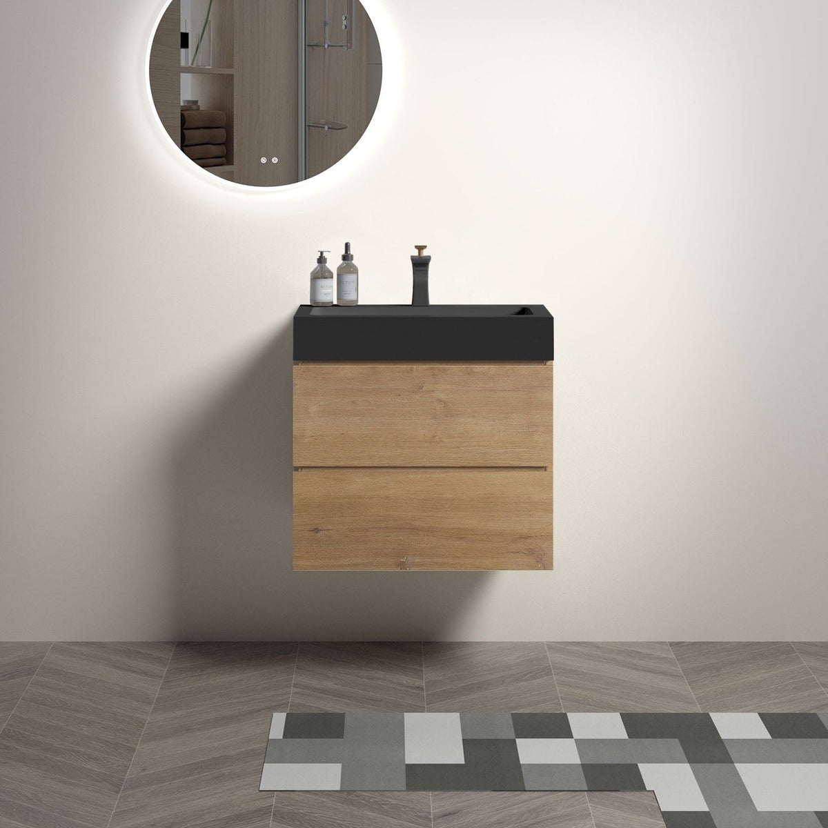 Natural oak floating bathroom vanity with black quartz sink and round backlit mirror on Tampa Home & Garden Store