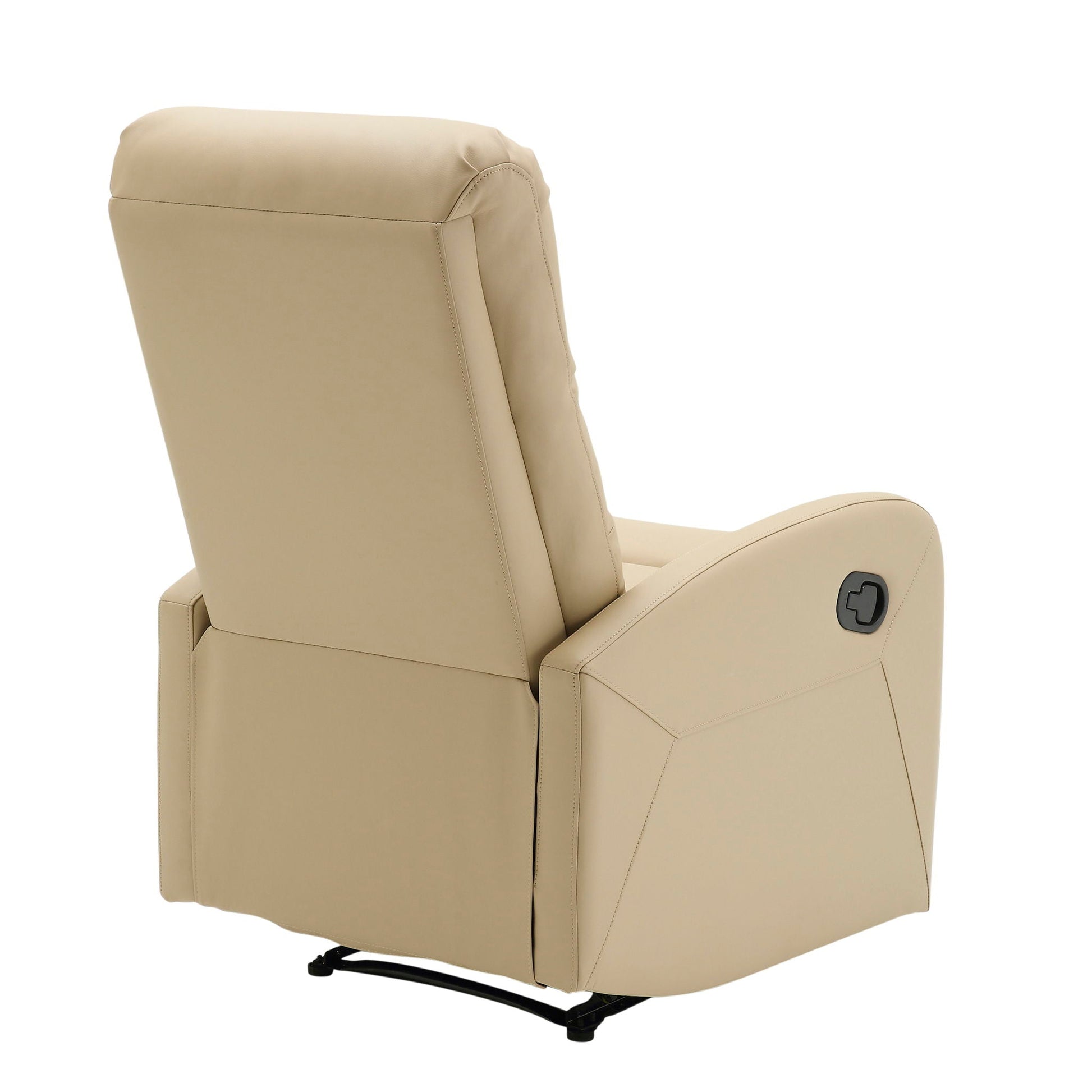 Dormi Recliner Chair by HouseOfZazla, tan leather recliner with padded back, base rails on Tampa Home & Garden Store