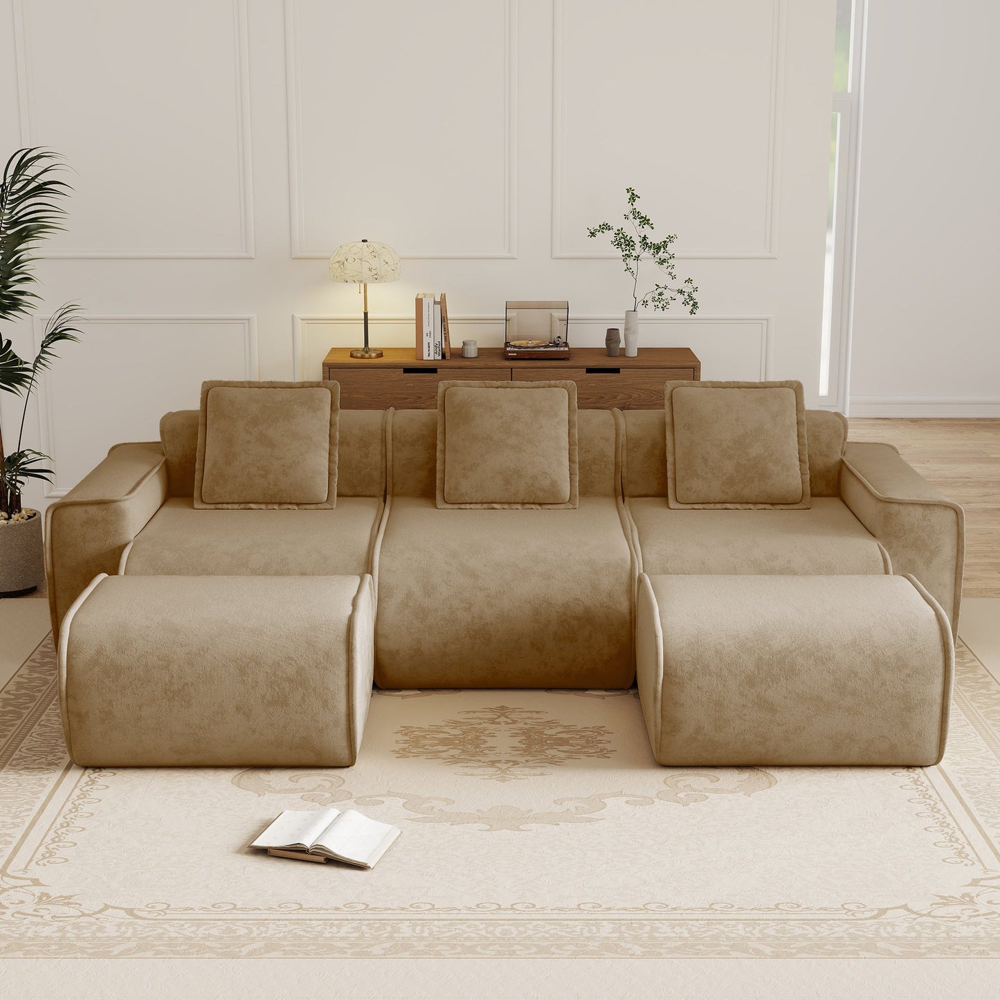 Streamlined Design Modular 3 Seat U Shape Sectional Boneless Sofa beige fabric in modern living on Tampa Home & Garden Store