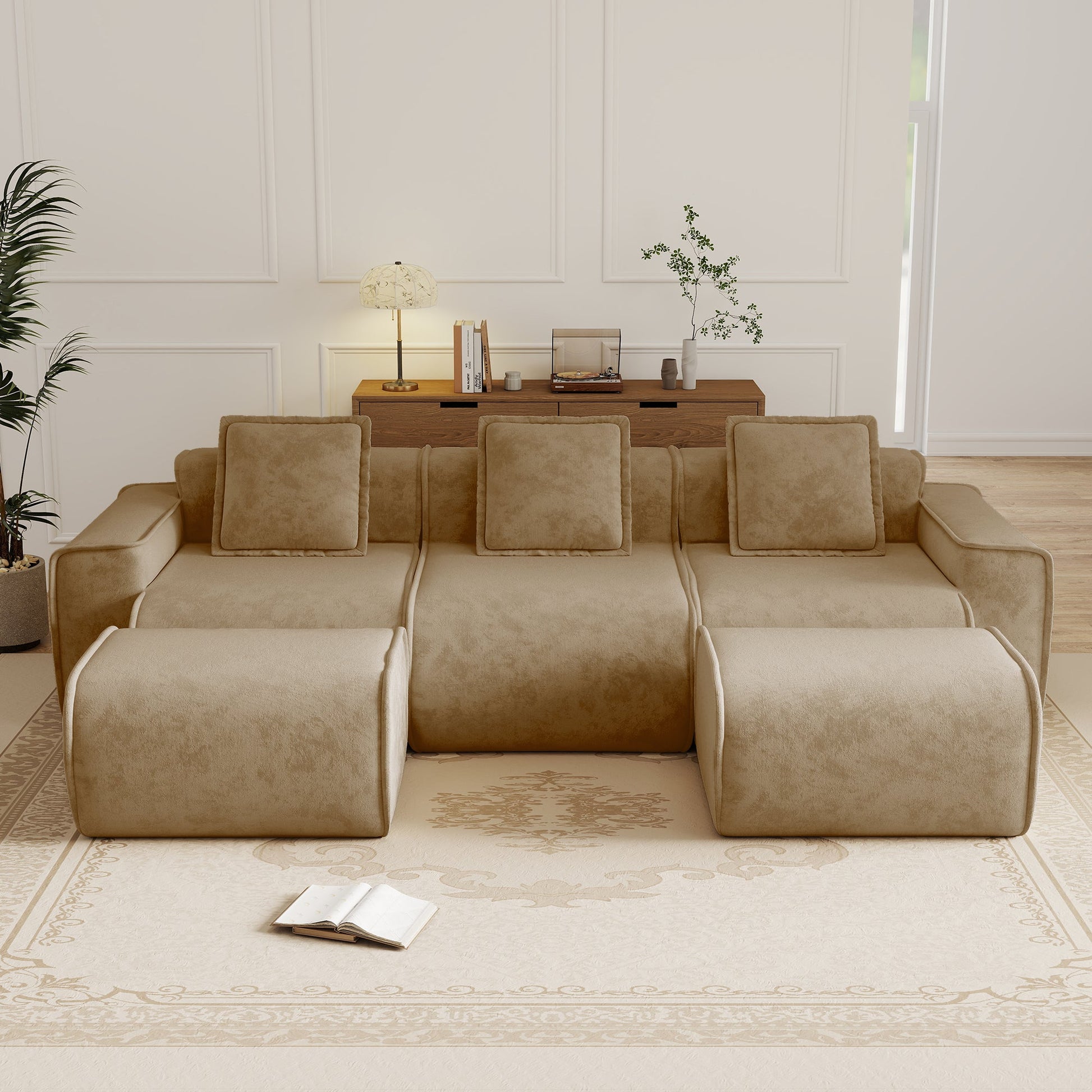 Streamlined Design Modular 3 Seat U Shape Sectional Boneless Sofa beige fabric in modern living on Tampa Home & Garden Store