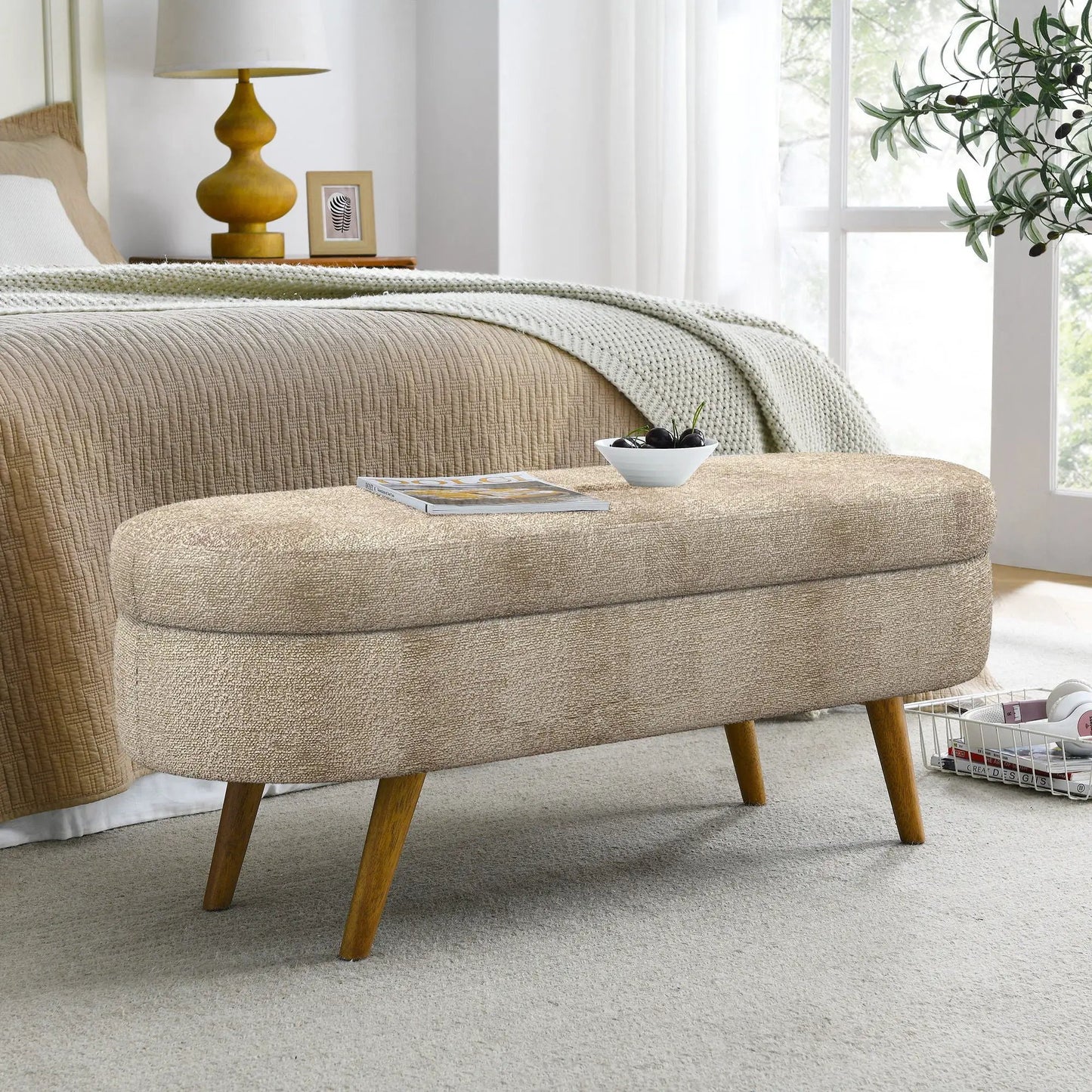 Ottoman Oval Storage Bench With Rubber Wood Legs
