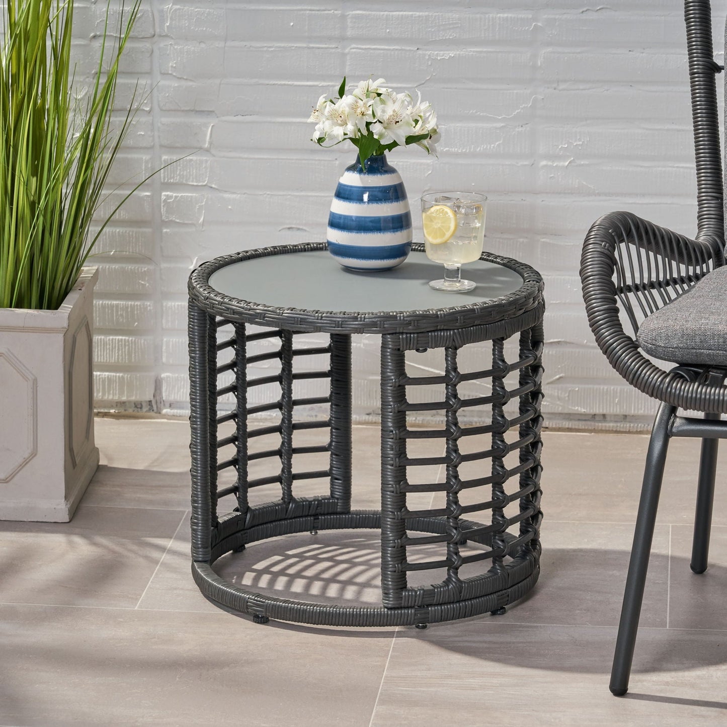 Achill Boho Wicker Side Table with Glass Top