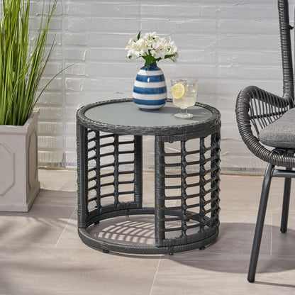 Achill Boho Wicker Side Table with Glass Top
