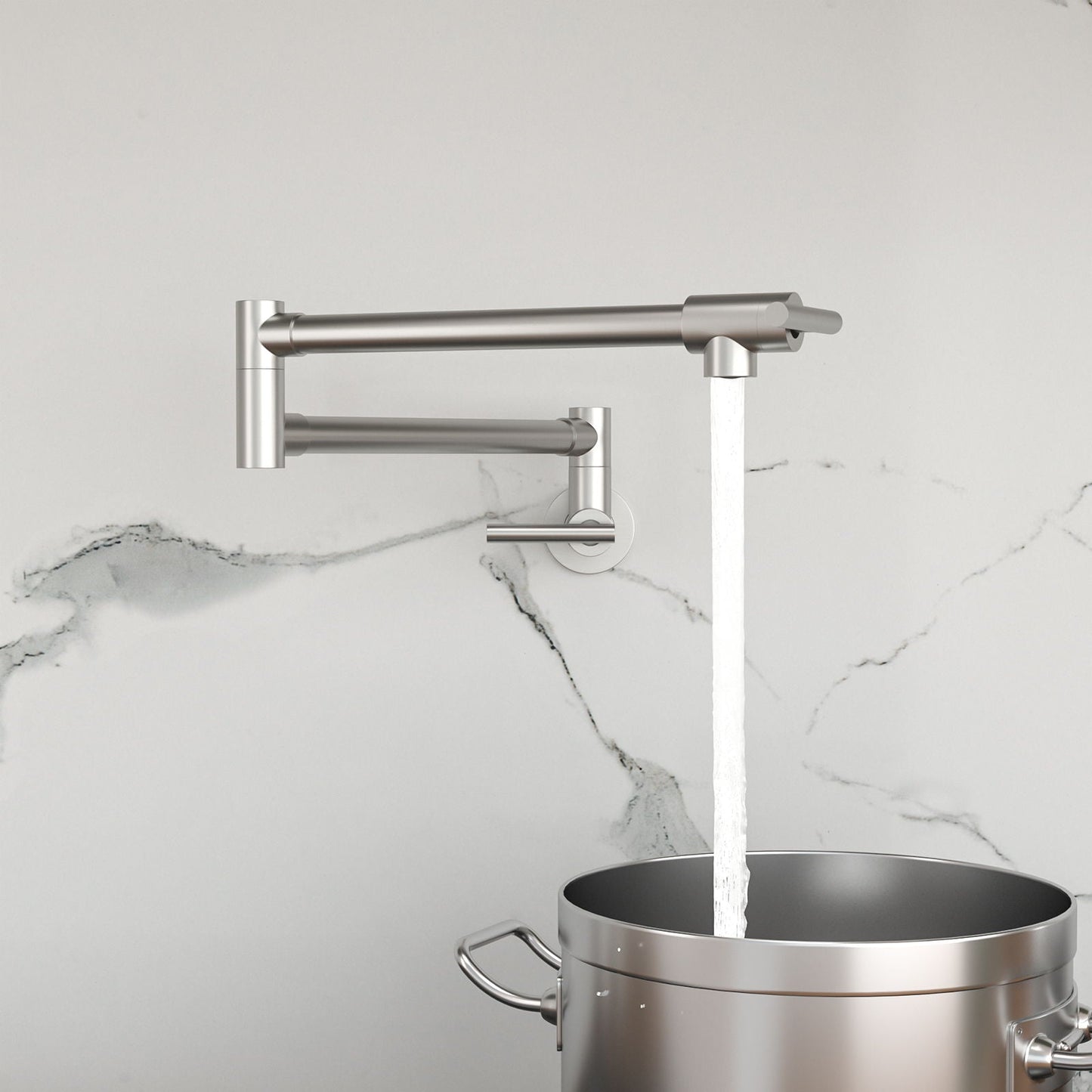 Wall mount pot filler faucet with folding extendable arm and two handles in brushed nickel on Tampa Home & Garden Store