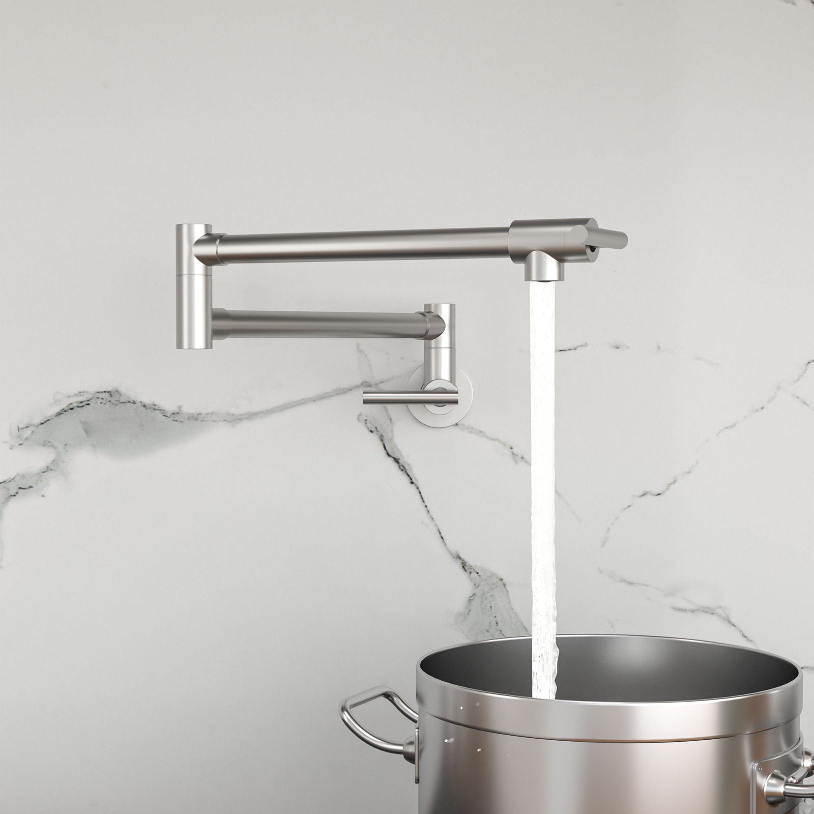 Wall mount pot filler faucet with folding extendable arm and two handles in brushed nickel on Tampa Home & Garden Store