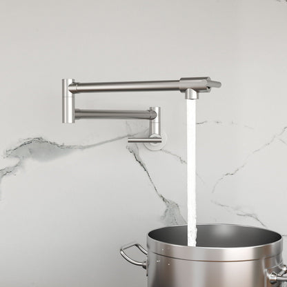 Wall mount pot filler faucet with folding extendable arm and two handles in brushed nickel on Tampa Home & Garden Store