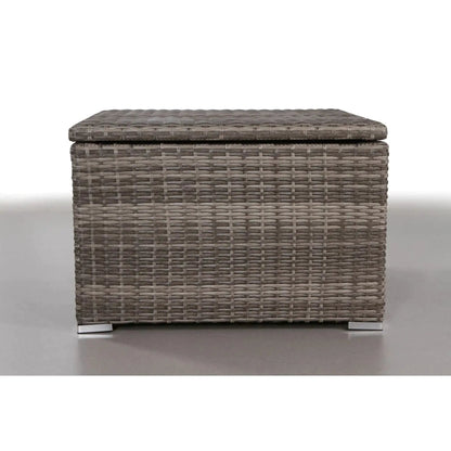Outdoor storage end table in gray mix wicker with lid and metal legs on Tampa Home & Garden Store