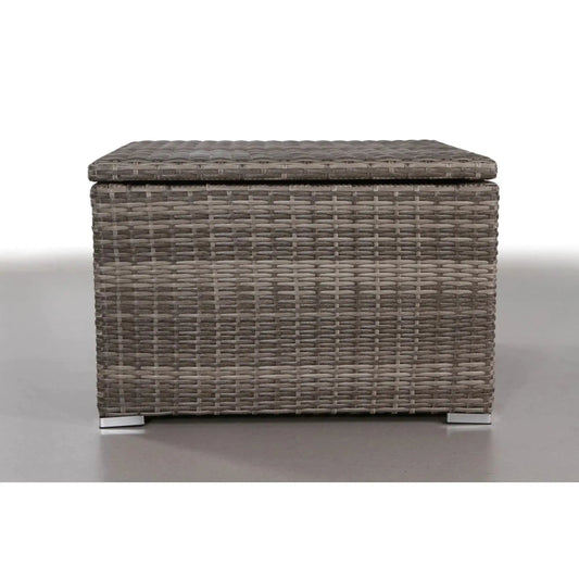 Outdoor storage end table in gray mix wicker with lid and metal legs on Tampa Home & Garden Store