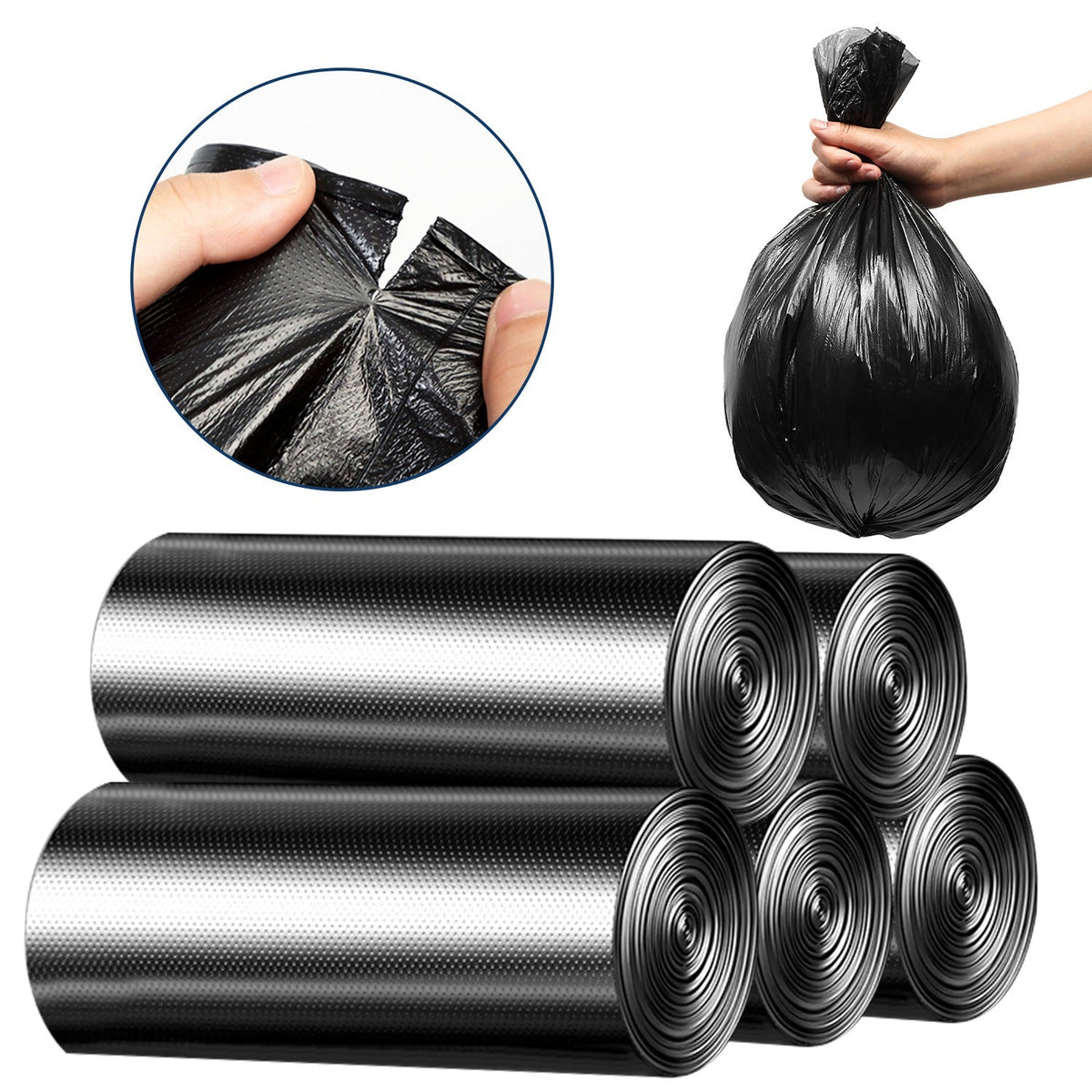 GemGear black garbage bag rolls, 5-pack, 50-count total, leak-resistant liners on Tampa Home & Garden Store