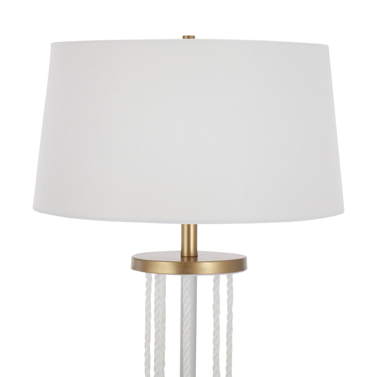 Rope Contemporary Floor Lamp with white fabric shade, brass base, and white rope pull cords on Tampa Home & Garden Store