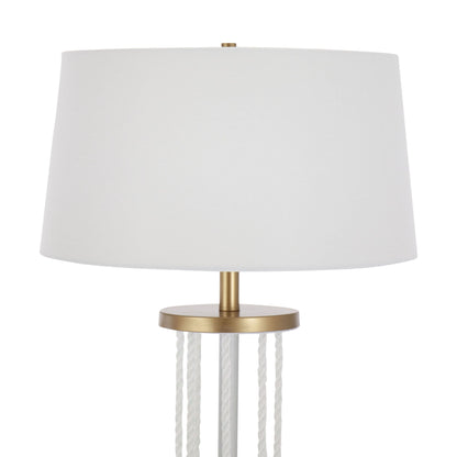 Rope Contemporary Floor Lamp with white fabric shade, brass base, and white rope pull cords on Tampa Home & Garden Store