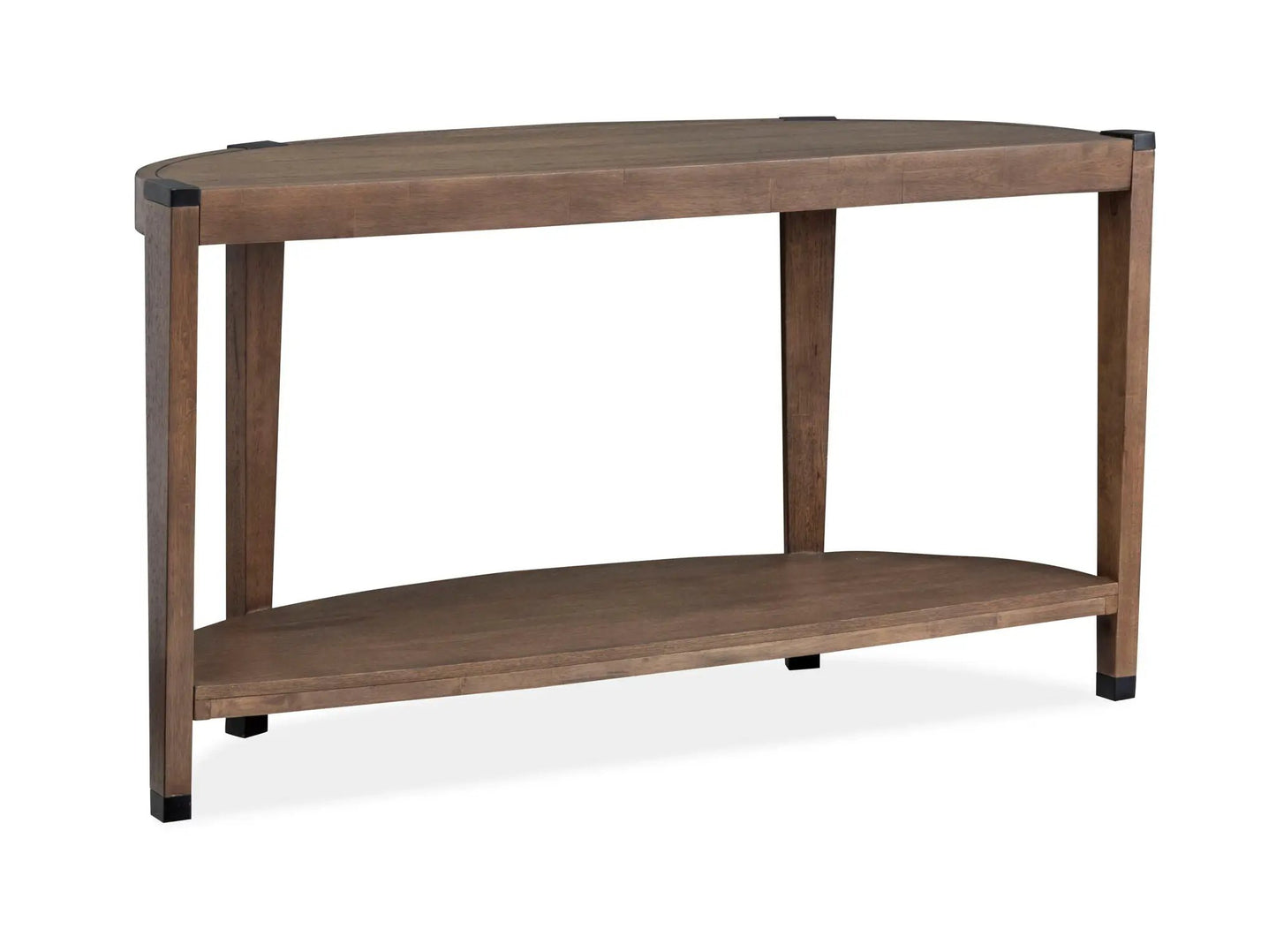 Kaysen Demilune sofa table in walnut finish with lower shelf and black corner caps on Tampa Home & Garden Store