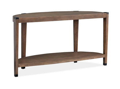 Kaysen Demilune sofa table in walnut finish with lower shelf and black corner caps on Tampa Home & Garden Store
