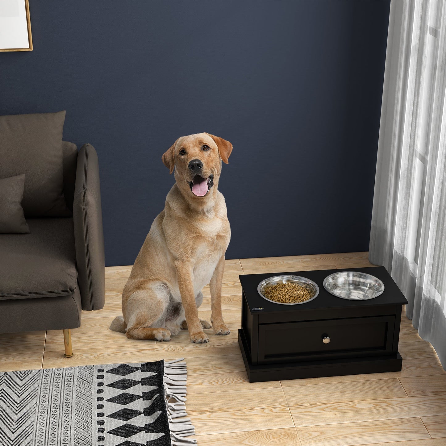 PawHut large elevated dog bowls with storage drawer on black stand with stainless bowls on Tampa Home & Garden Store