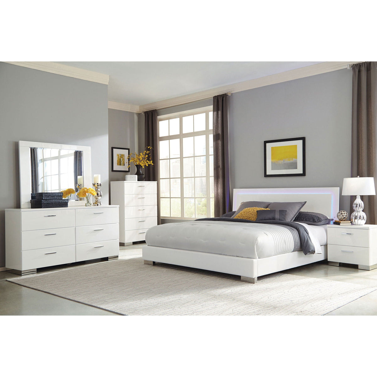 Strick & Bolton high gloss panel bed with LED lights, white platform bed in gray bedroom on Tampa Home & Garden Store