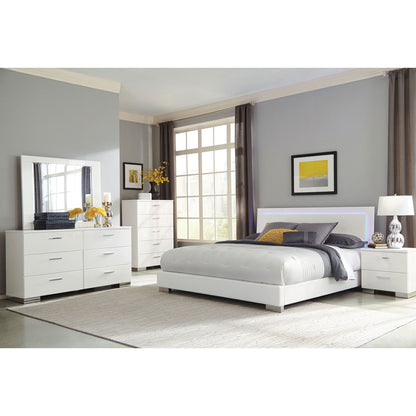 Strick & Bolton high gloss panel bed with LED lights, white platform bed in gray bedroom on Tampa Home & Garden Store