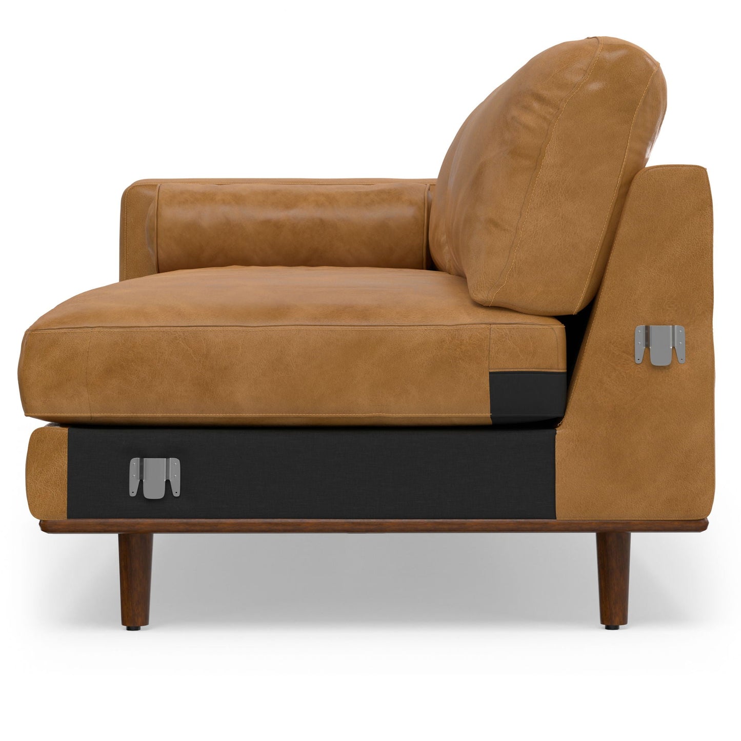 Morrison Upholstered Sectional Sofa tan leather with plush back pillow wood legs on Tampa Home & Garden Store