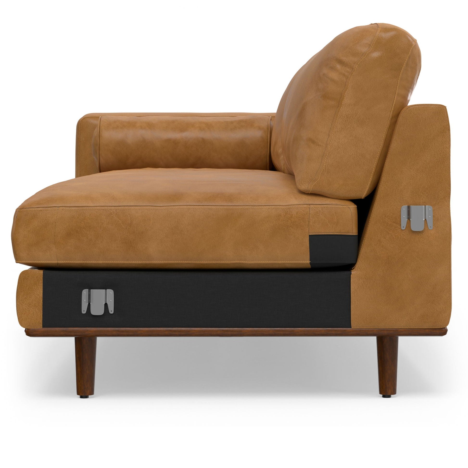Morrison Upholstered Sectional Sofa tan leather with plush back pillow wood legs on Tampa Home & Garden Store