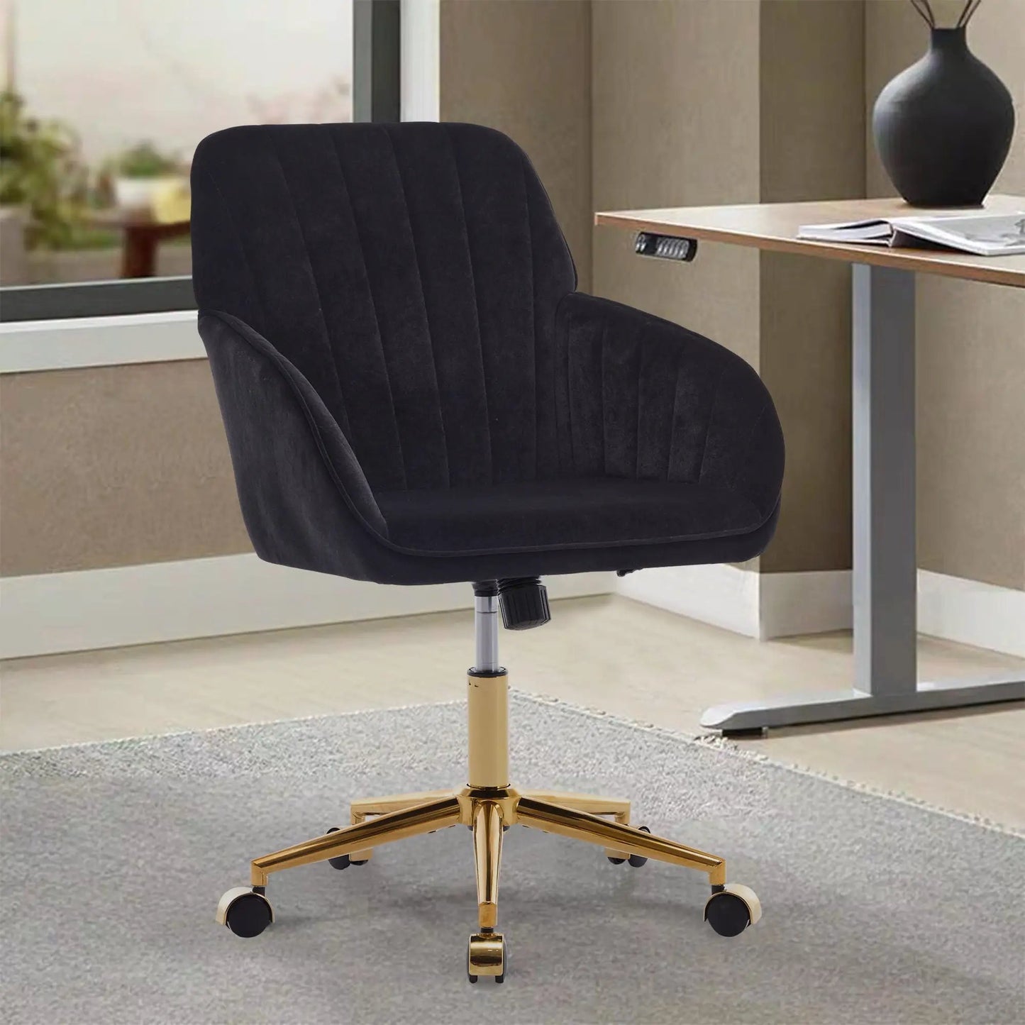 Black velvet adjustable ergonomic swivel chair with gold base by Unique Piece Furniture on Tampa Home & Garden Store