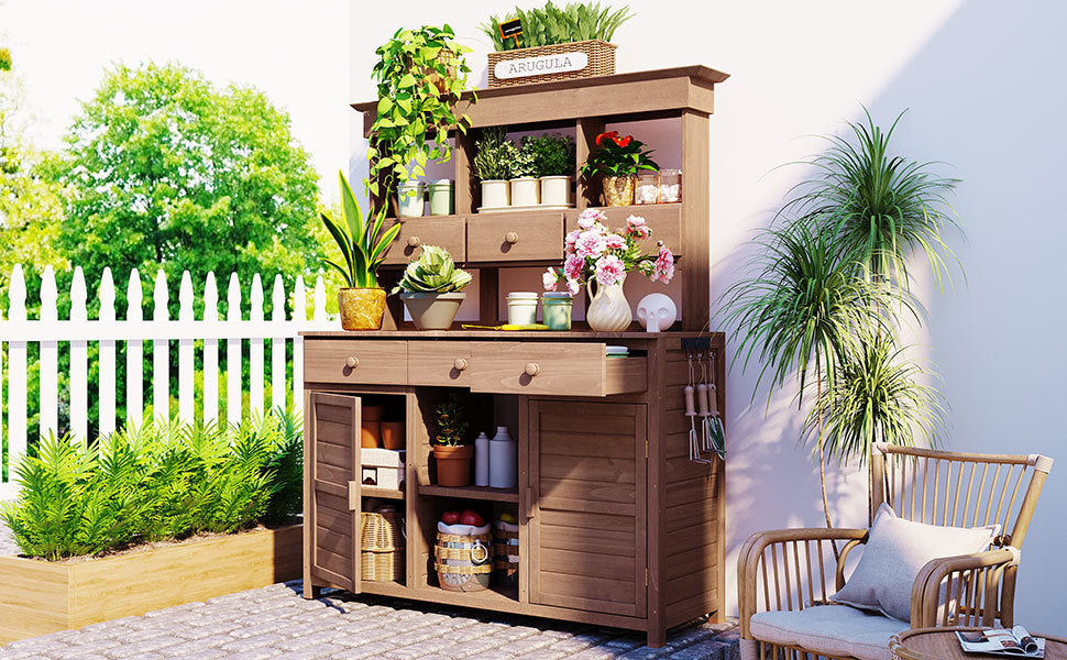Topmax 65.7'' Tall Garden Potting Bench with Hutch brown wood workstation with drawers on Tampa Home & Garden Store