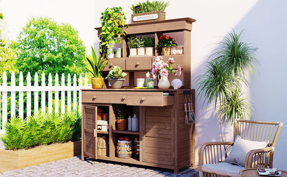 Topmax 65.7'' Tall Garden Potting Bench with Hutch brown wood workstation with drawers on Tampa Home & Garden Store