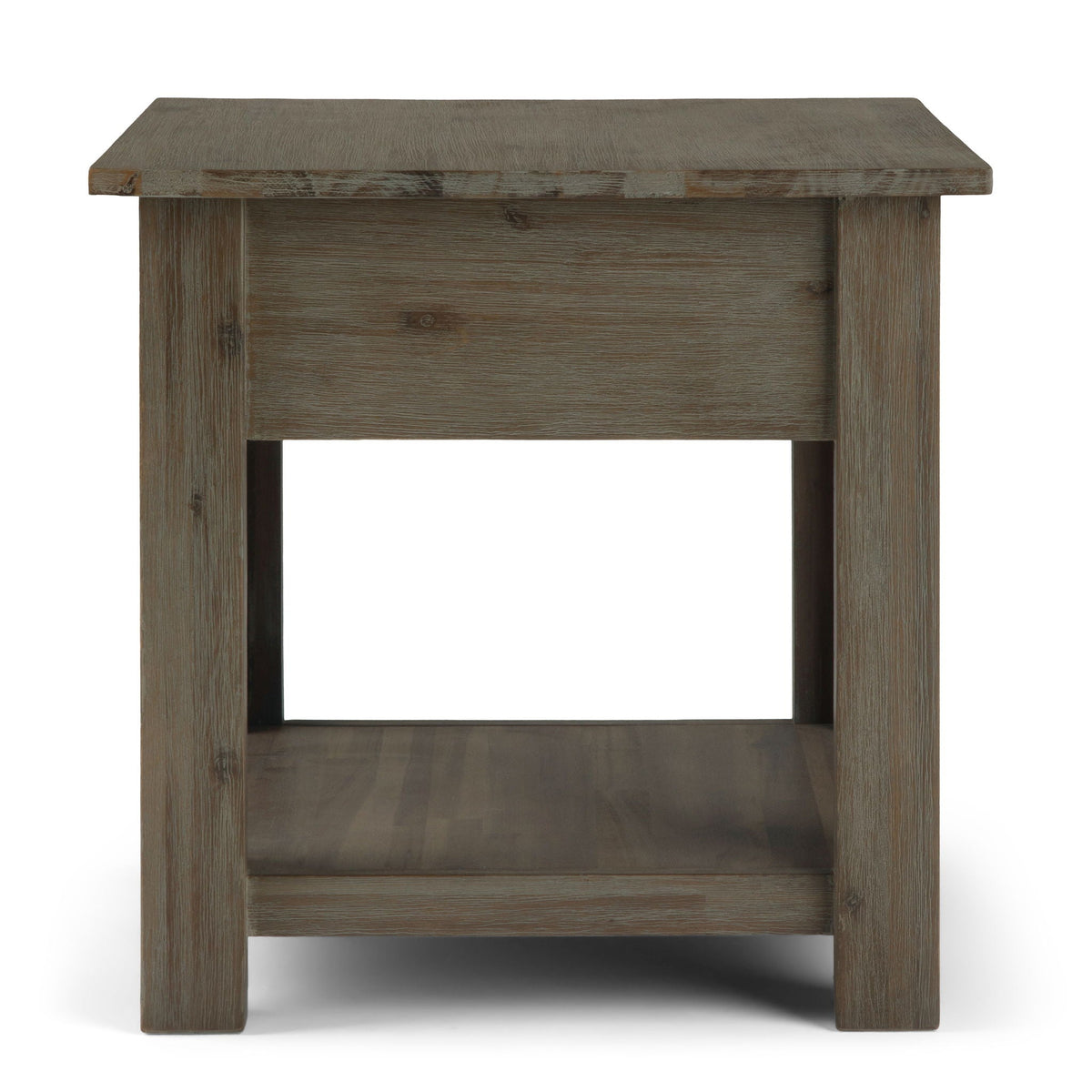 Monroe Solid Acacia Side Table for Living by HouseOfZazla, weathered brown wood with lower shelf on Tampa Home & Garden Store