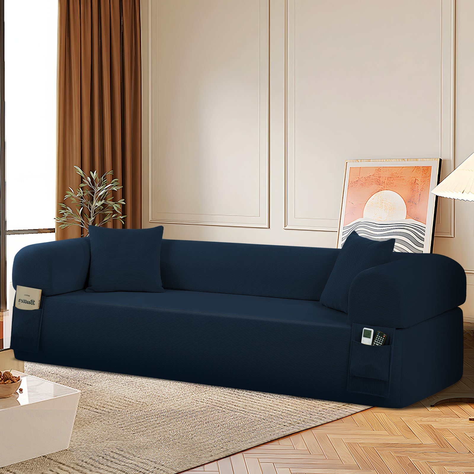 Blue fabric Spring Sofa with built-in storage pockets and cushions by HouseOfZazla on Tampa Home & Garden Store