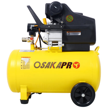 Portable 4.5HP oil-lubricated air compressor with 13-gallon yellow tank, black motor housing and wheels on Tampa Home & Garden Store