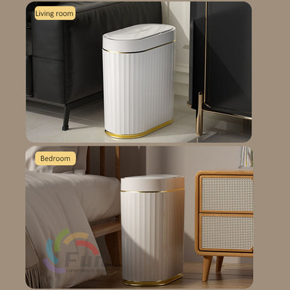 Smart trash can with automatic lid, white ribbed Perfecsy with gold trim for living spaces on Tampa Home & Garden Store