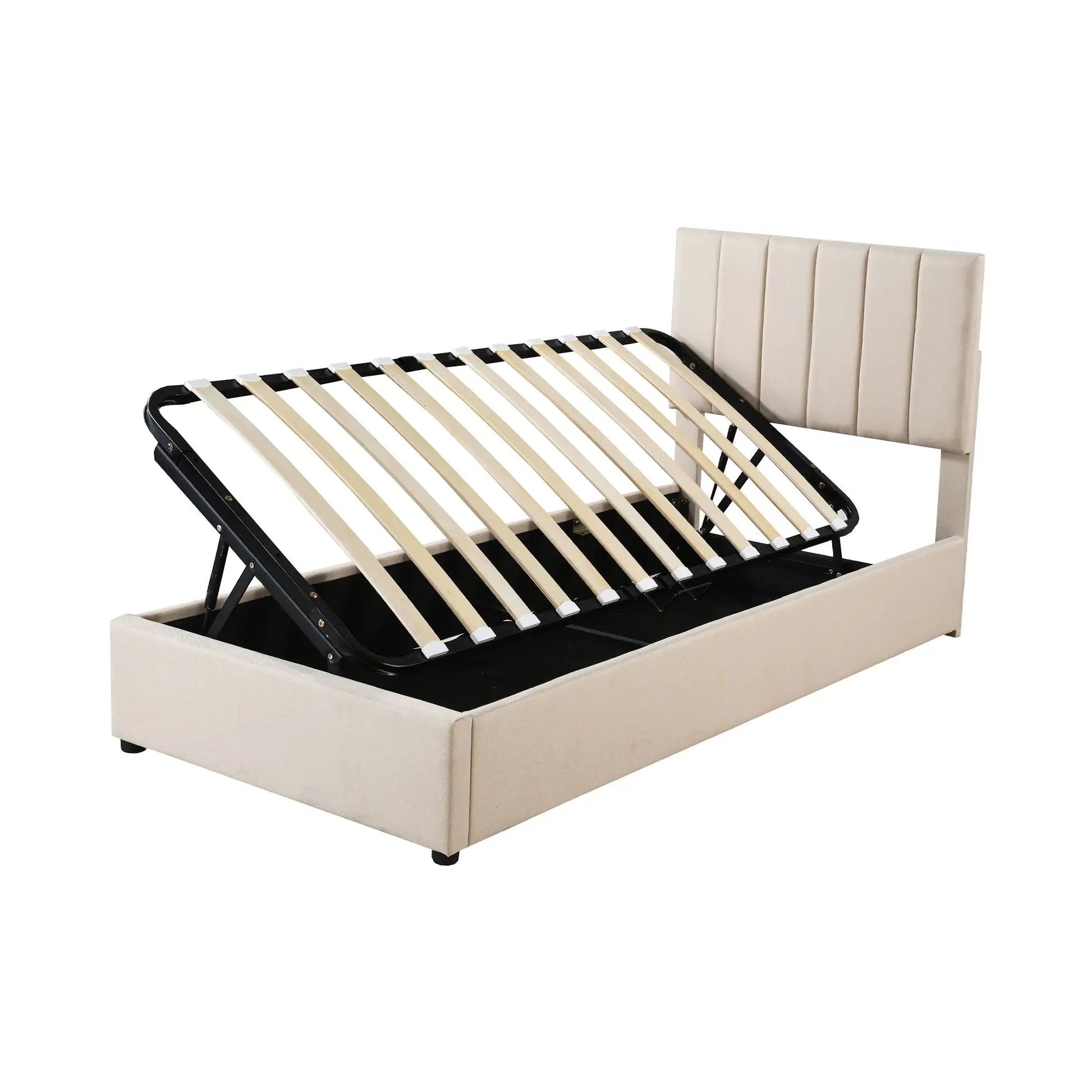 Upholstered platform bed with hydraulic storage system, beige headboard and storage beneath on Tampa Home & Garden Store