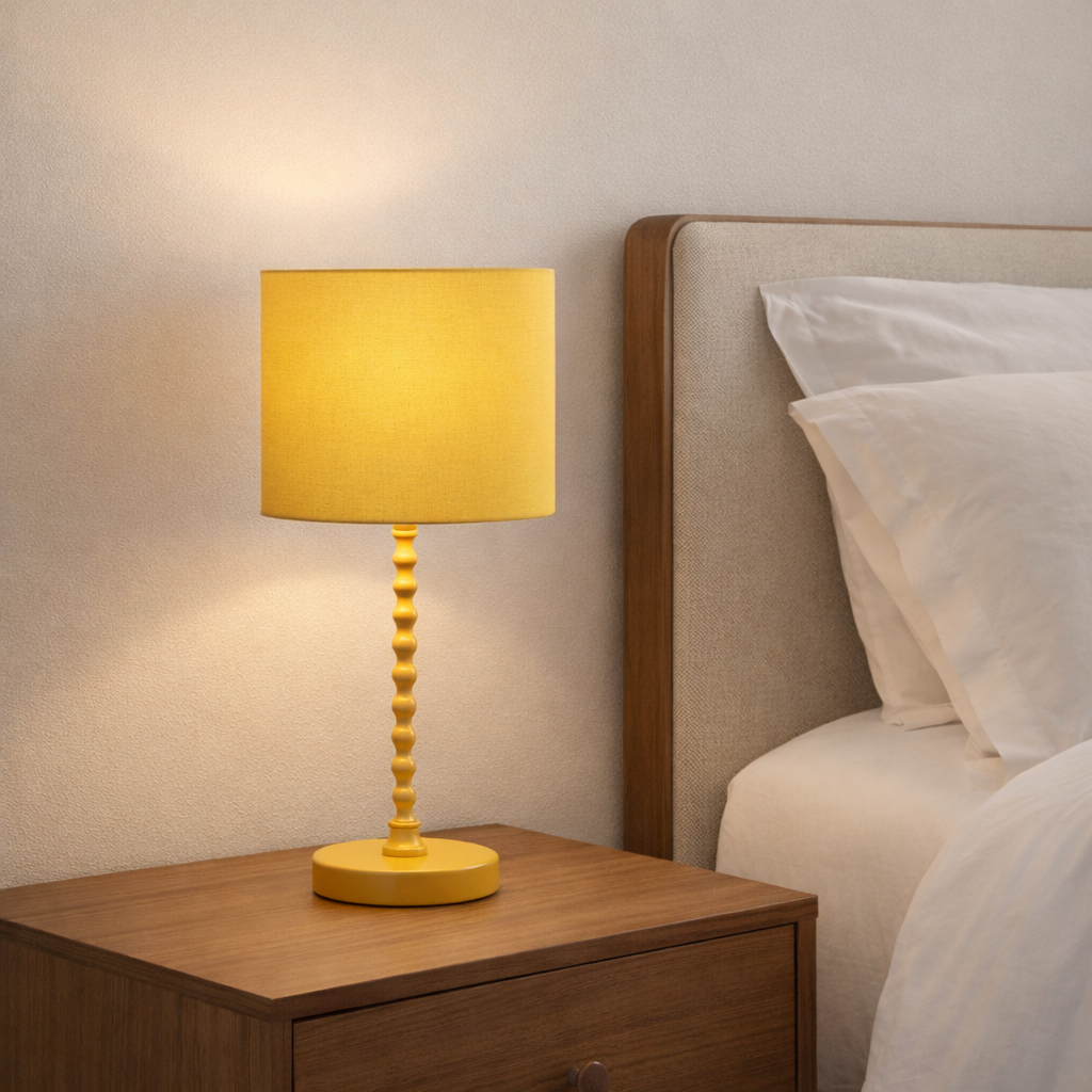 Modern Classic Desk Lamp yellow fabric shade with beaded stem on a nightstand on Tampa Home & Garden Store