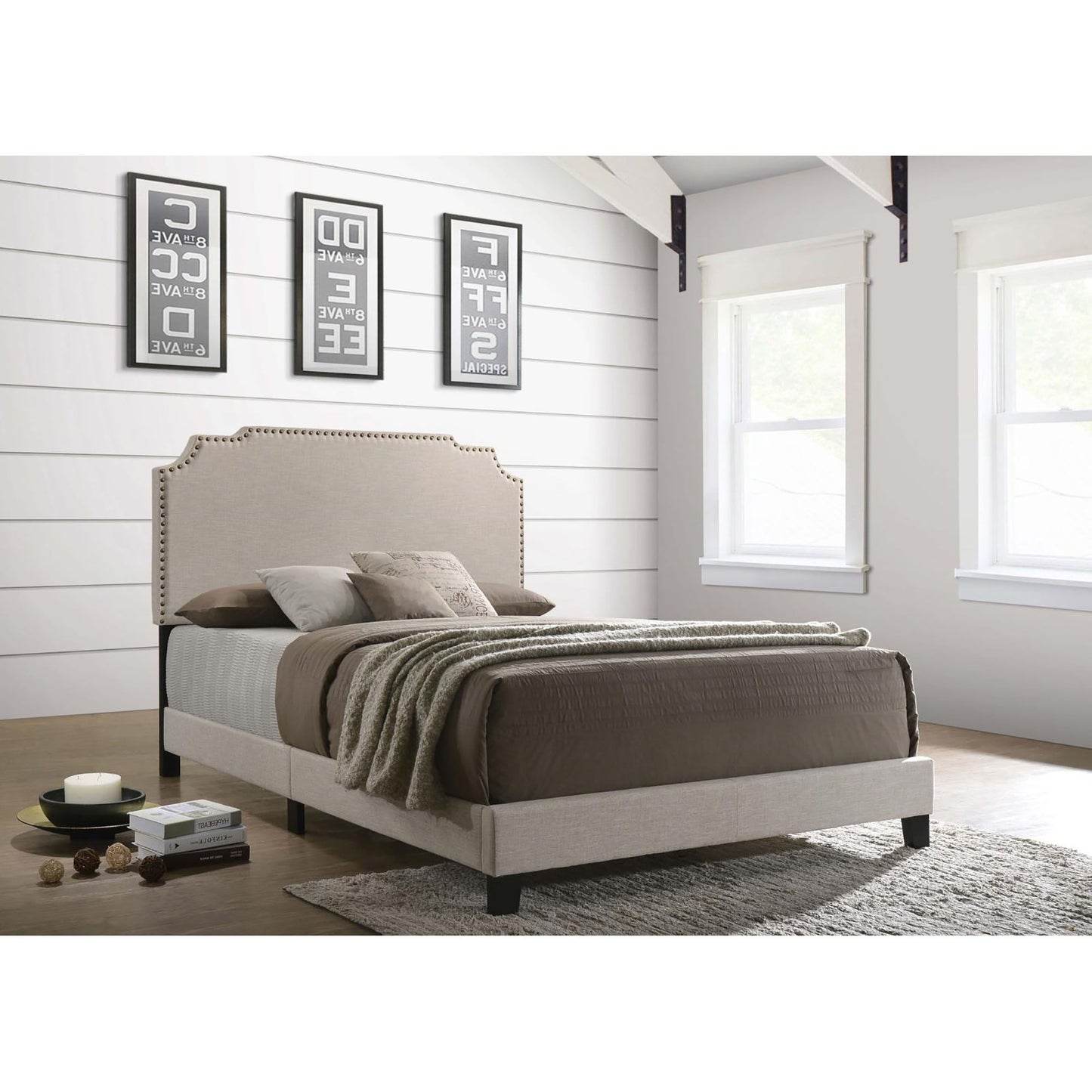 Panel bed with nailhead trim upholstered headboard in light taupe fabric platform bed frame on Tampa Home & Garden Store