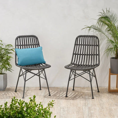 Sawtelle Outdoor Dining Chairs set of 2 in black wicker with blue cushions on Tampa Home & Garden Store