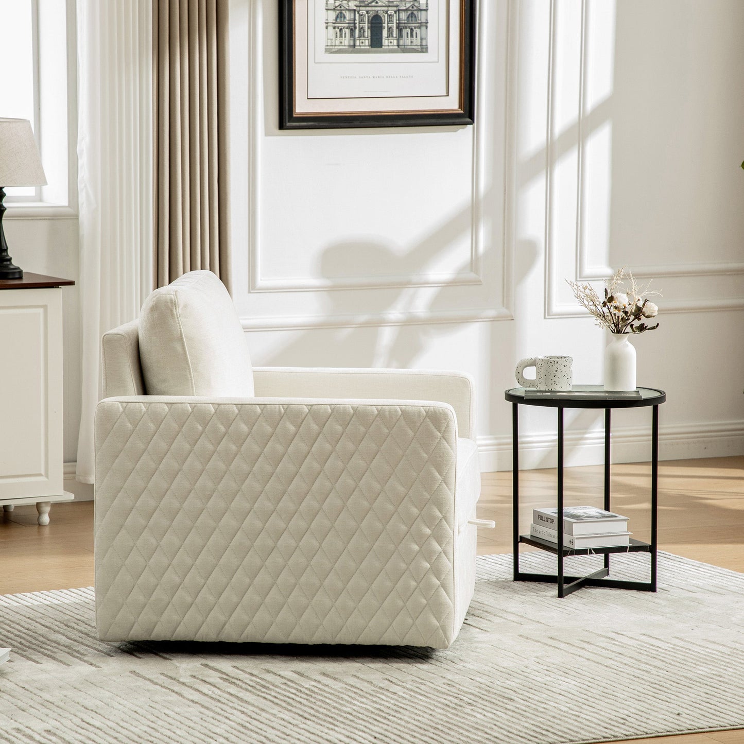 29.5W Upholstered 360° swivel armchair in beige diamond-quilted fabric with hidden storage on Tampa Home & Garden Store
