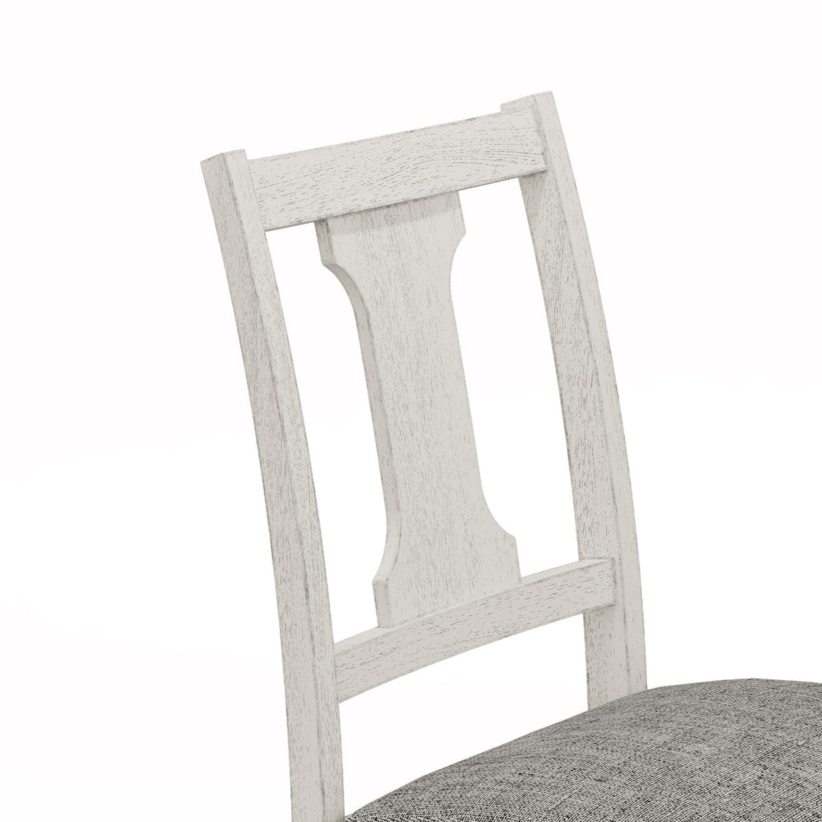 Dining chair from HouseOfZazla 5-piece set, whitewashed wood frame with gray fabric upholstered seat on Tampa Home & Garden Store
