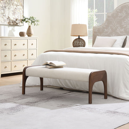 Modern upholstered long bench beige fabric with dark wood legs in a bedroom HouseOfZazla on Tampa Home & Garden Store