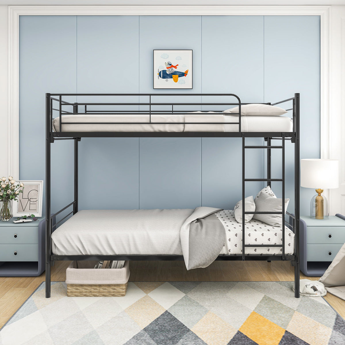 Twin Over Twin Metal Bunk Bed in black frame with right ladder and light gray bedding on Tampa Home & Garden Store