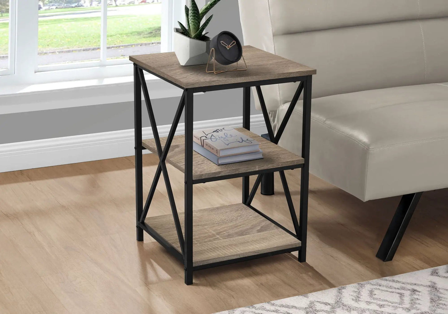 3 Tier Accent Table with wood-look shelves and black metal frame; clock, plant, and books on Tampa Home & Garden Store