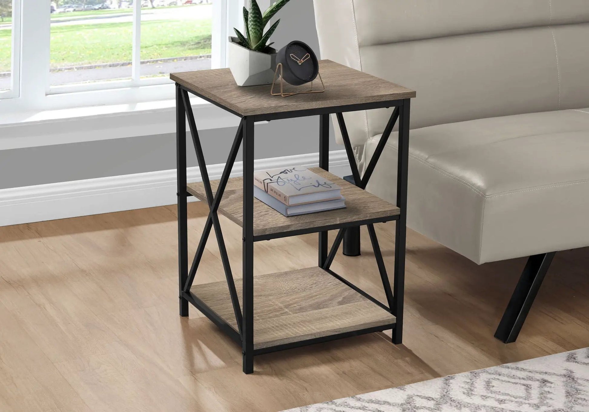 3 Tier Accent Table with wood-look shelves and black metal frame; clock, plant, and books on Tampa Home & Garden Store