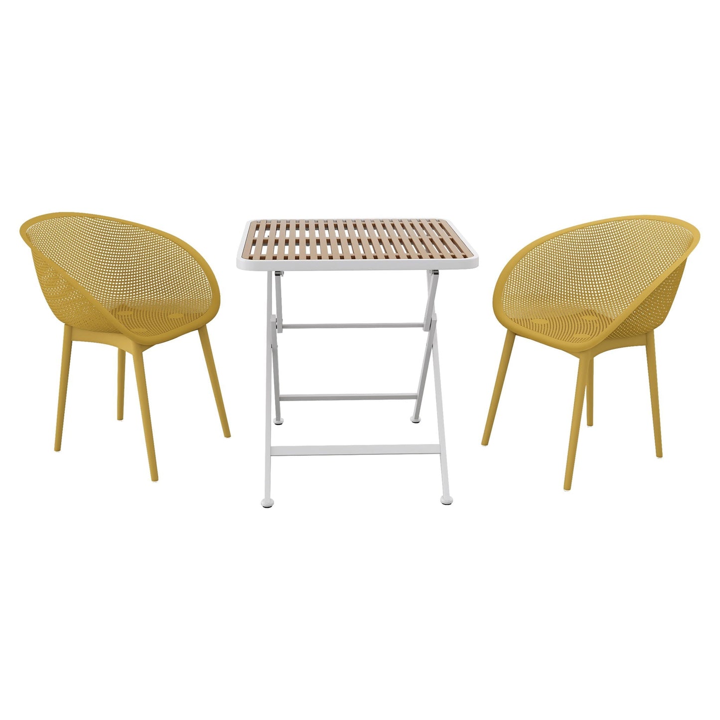 2-Pack Lounge Chair Set & Folding Square Table by HouseOfZazla; yellow mesh chairs with white frame and wood slat top on Tampa Home & Garden Store