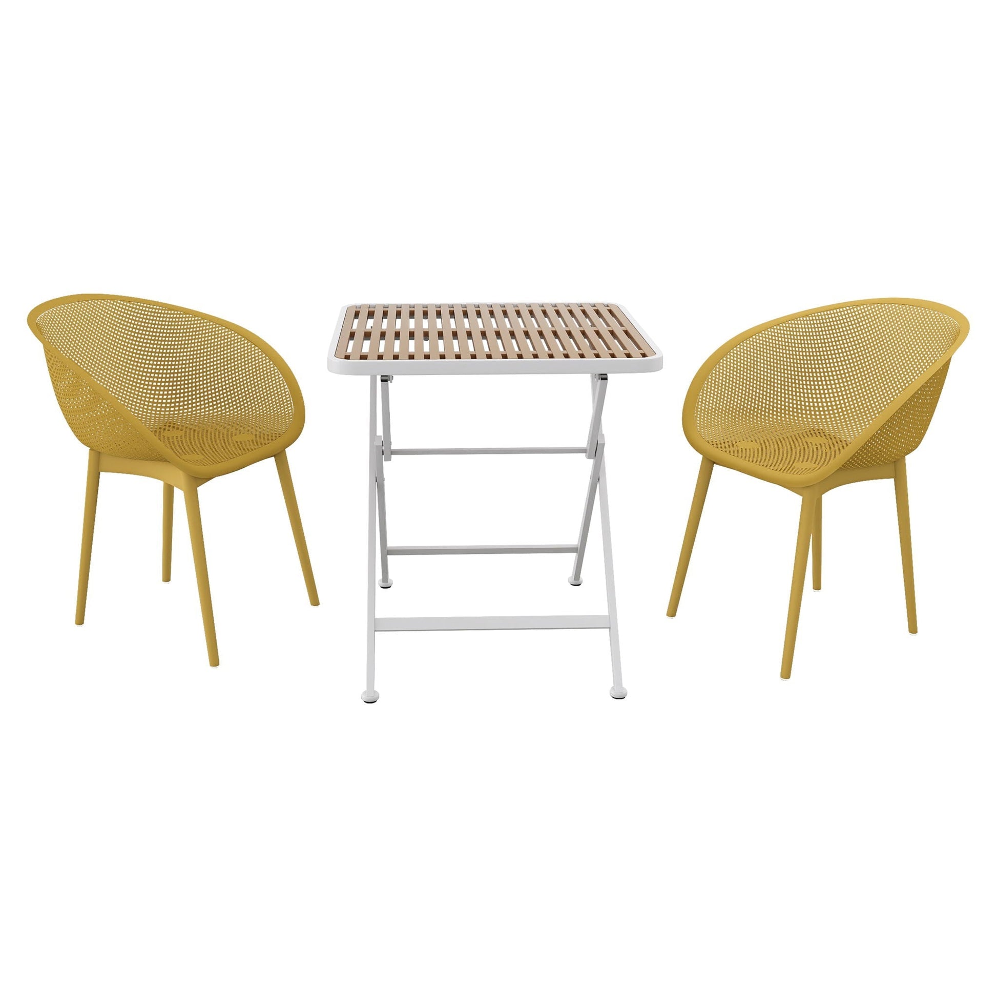 2-Pack Lounge Chair Set & Folding Square Table by HouseOfZazla; yellow mesh chairs with white frame and wood slat top on Tampa Home & Garden Store