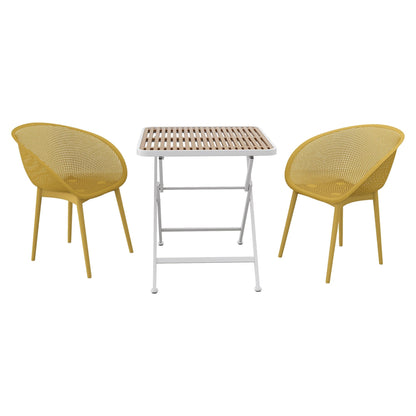 2-Pack Lounge Chair Set & Folding Square Table by HouseOfZazla; yellow mesh chairs with white frame and wood slat top on Tampa Home & Garden Store