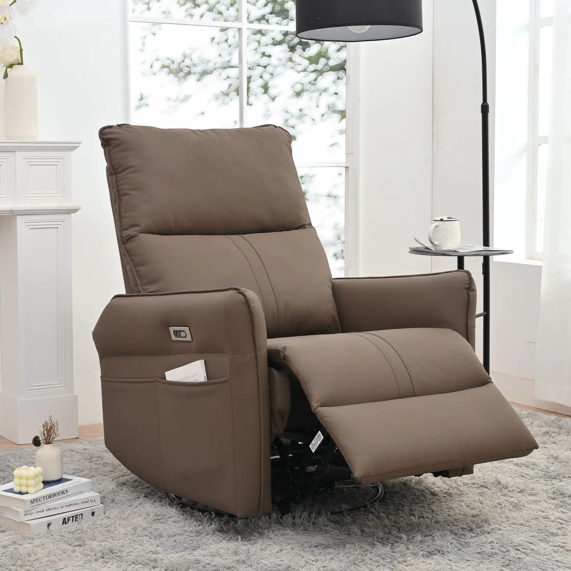 Power swivel rocker recliner by Unique Piece Furniture in brown with USB ports on Tampa Home & Garden Store