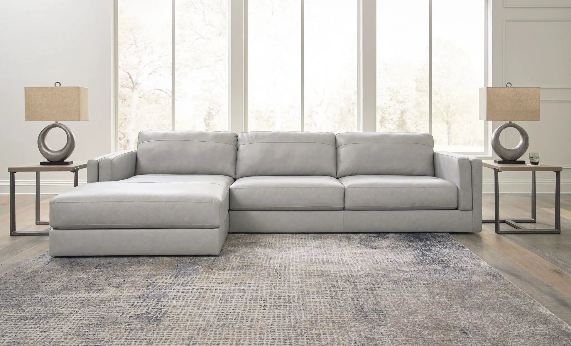 Amiata sectional sofa in light gray leather with chaise by Unique Piece Furniture in living room on Tampa Home & Garden Store