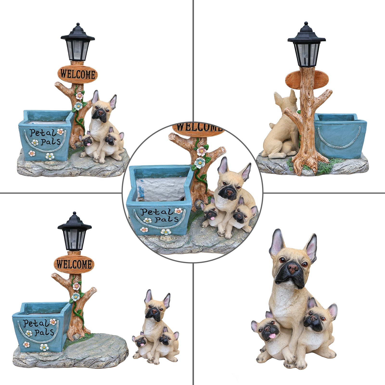 French Bulldog Family Planter Statue blue Petal Pals planter with Welcome sign and lantern by HouseOfZazla on Tampa Home & Garden Store