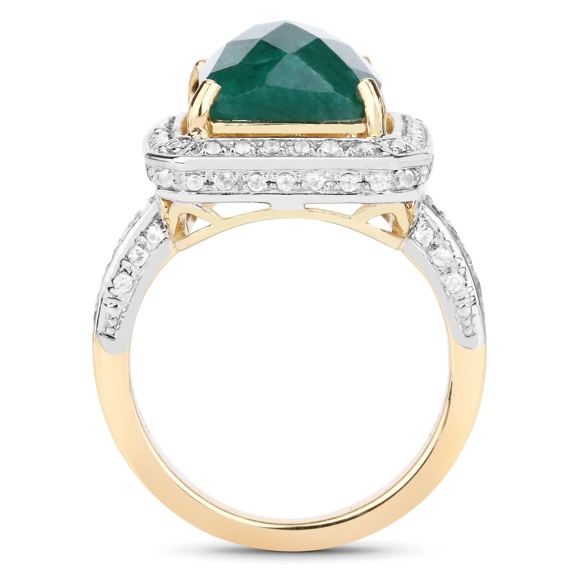 Ring with 5.18ct dyed emerald and white topaz halo in sterling silver with gold-tone prongs on Tampa Home & Garden Store