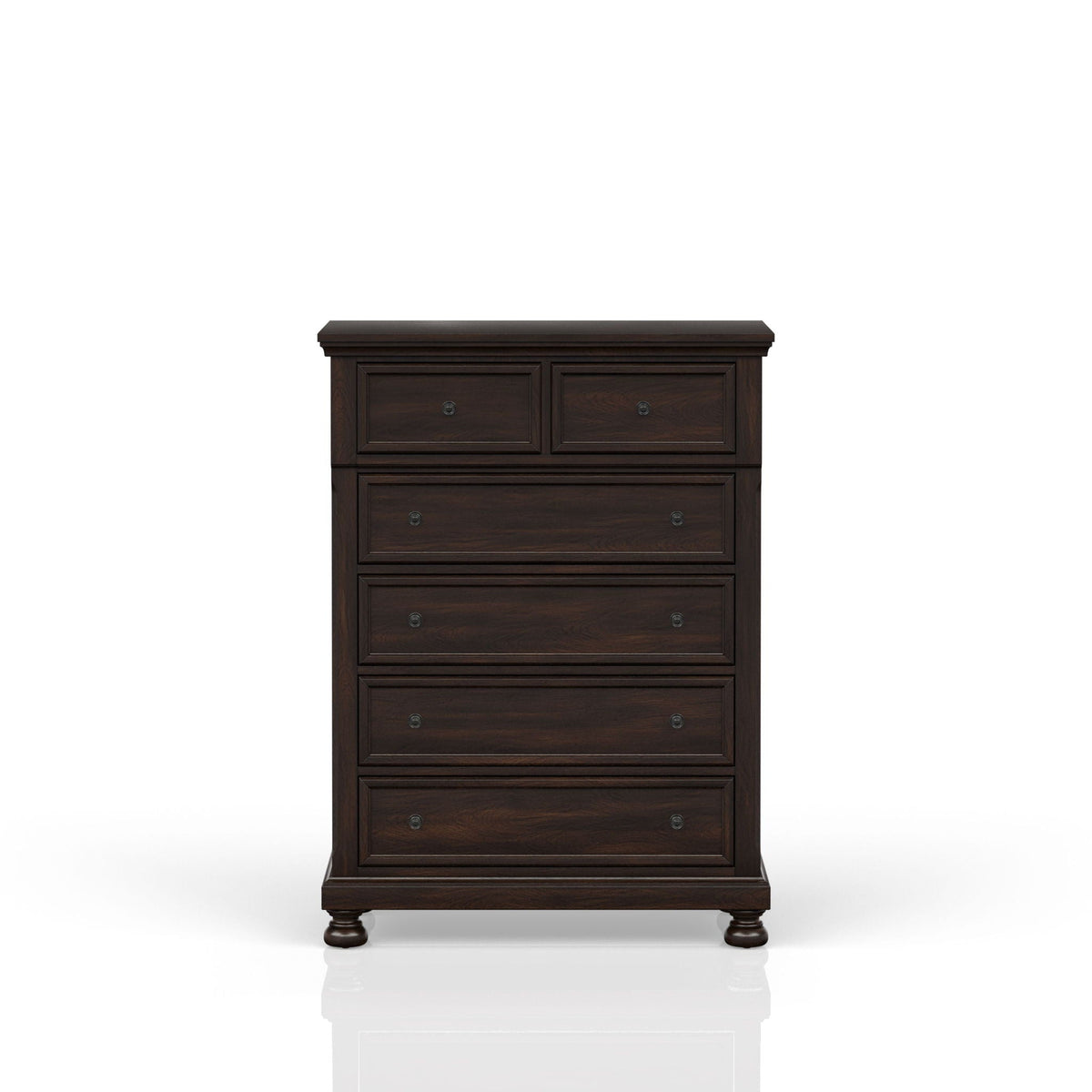 Five-drawer solid wood antique chest dresser with panel fronts and round pulls on Tampa Home & Garden Store
