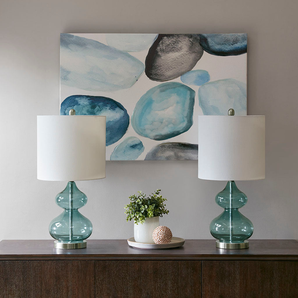 Ellipse Curved Glass Table Lamp pair, teal glass bases with white drum shades, by HouseOfZazla on Tampa Home & Garden Store