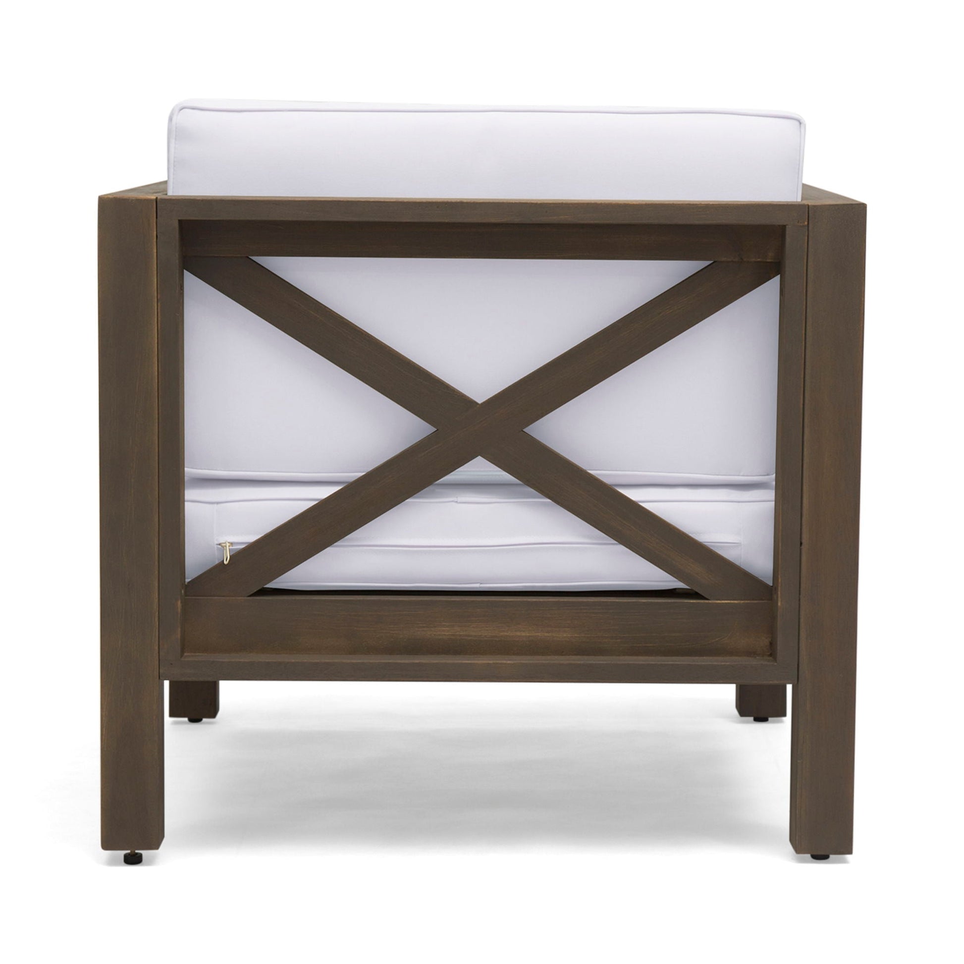 Brava outdoor club chair by HouseOfZazla with white water-resistant cushions and wood frame on Tampa Home & Garden Store